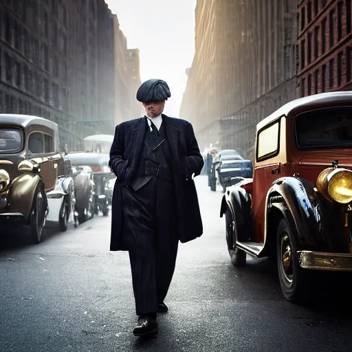 Prompt: closeup portrait of fat peaky blinders in a new york street, by Steve McCurry and David Lazar, natural light, detailed face, CANON Eos C300, ƒ1.8, 35mm, 8K, medium-format print