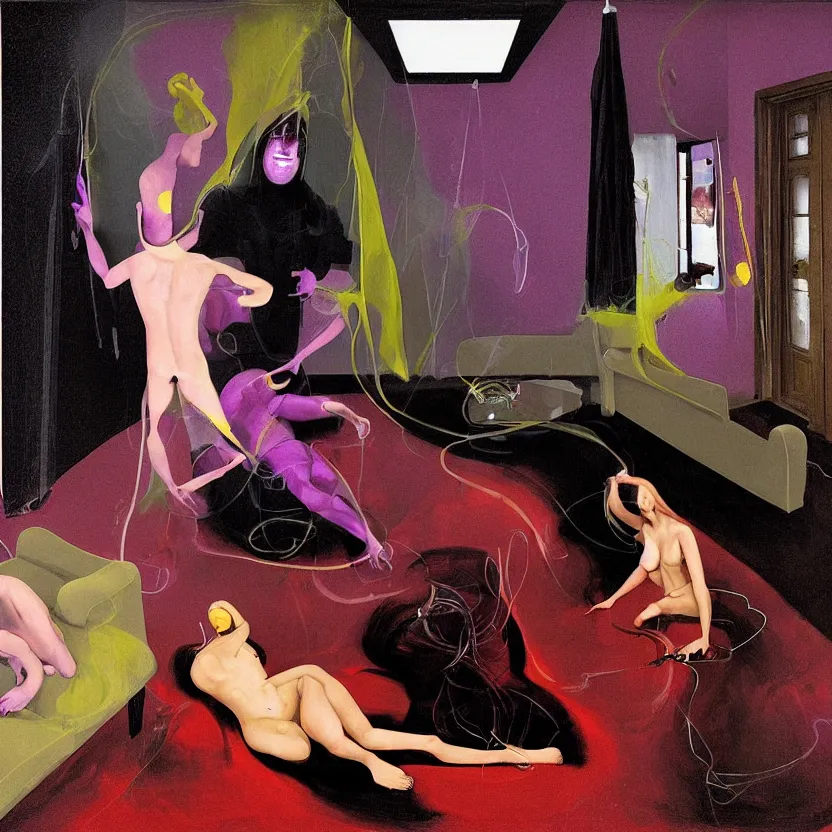 Prompt: Man and woman attached by love in a living room of a house, floating dark energy surrounds the middle of the room. There is one living room opened refrigirator to the side of the room, surrounded by a background of dark cyber mystic alchemical transmutation heavenless realm, cover artwork by francis bacon and Jenny seville, midnight hour, part by adrian ghenie, part by jeffrey smith, part by josan gonzales, part by norman rockwell, part by phil hale, part by kim dorland, palette knife texture, thick oil paint drip texture, muted cold colors, artstation, some pencil scribles here and there, highly detailed