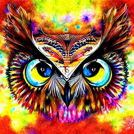 Image similar to owl holding a clock, portrait, vivid and colorful, watercolor style, fractal art