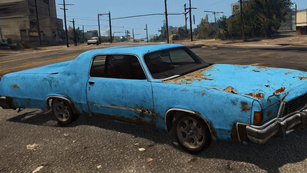 Image similar to A screenshot of a rusty, worn out, broken down, decrepit, run down, dingy, faded, chipped paint, tattered, beater 1976 Denim Blue Dodge Aspen in GTA V
