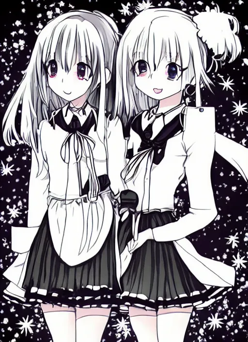 Image similar to manga style, black and white manga, multi - panel kawaii chibi manga, school girl kuudere, by gen urobuchi and yuyuko takemiya, japanese language