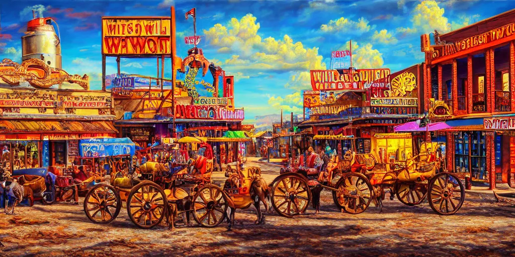 Prompt: photorealist painting of wild west town, vivid colors, warm colors, high production value, intricate details, high resolution, hyperrealistic, hdr, high definition, masterpiece, ultra realistic, highly detailed, hd, sharp focus, non blurry, sharp, smooth
