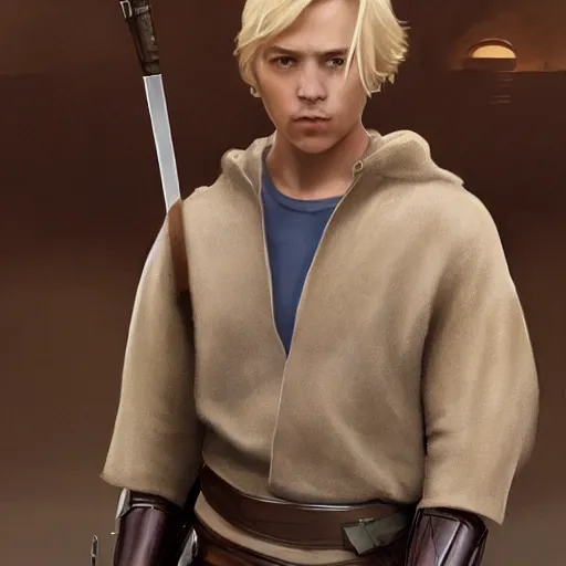 Image similar to a young blonde male jedi with short hair standing still, over the shoulder shot, ots shot, third-person shot, full-length, head-to-toe, full body photography, extremely long shot, long shot, concept art by Doug Chiang cinematic, realistic painting, high definition, concept art, the Mandalorian concept art style