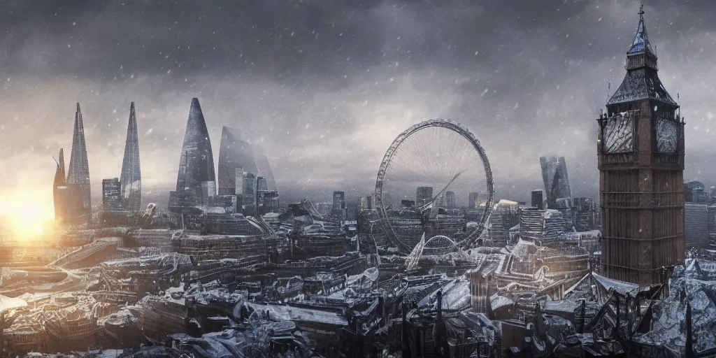 Prompt: london in winter ， prometheus film style, realistic, cinematic, trending on artstation, 8 k,