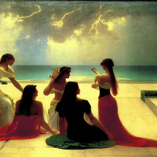 Image similar to Silhouette of five girl at the palace, thunderstorm, greek pool, beach and palm trees on the background major arcana sky, by paul delaroche, alphonse mucha and arnold böcklin arnold böcklin hyperrealistic 8k, very detailed