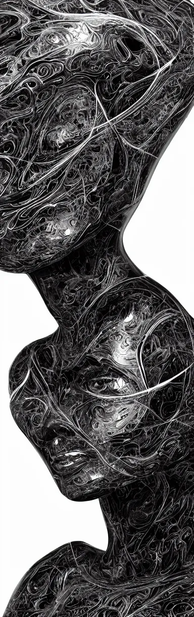 Prompt: epic sketch, digital abstract sculpt of beautiful female face body and black swirling latex acrylic portrait, black latex sculpt, minimalism, mechanical superstructure, sacred geometry, 8 k, cinematic, magic hour, beautiful light, sculpture of carving marble, dark colors, filigree ornaments, one point light, clockwork, epic matte painting, concept art, bokeh, digital painting