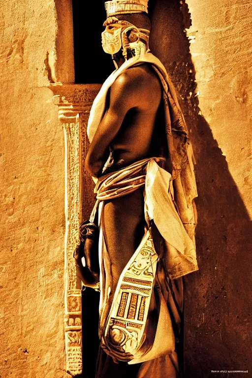 Image similar to a closer hero portrait of a live nubian temple guard in old egypt. photography photo art. cover of time magazine, dramatic light and shadow, saturated colors, ciaroscuro, interpreted by anders zorn