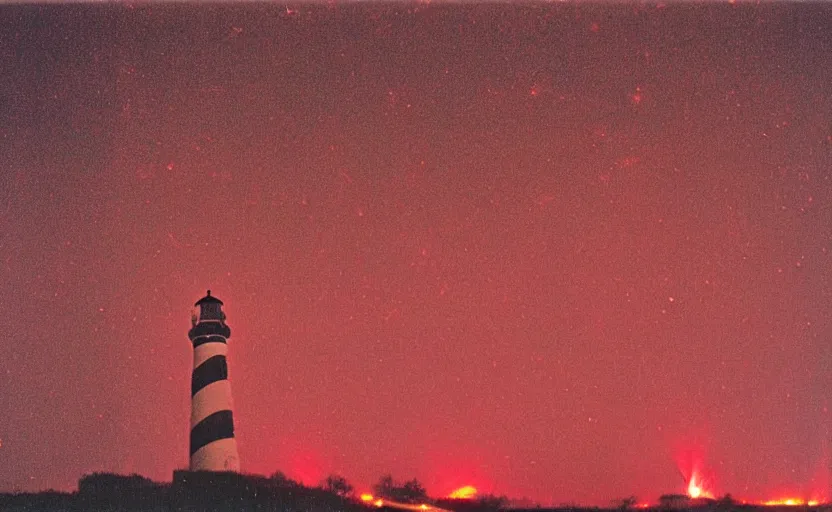 Prompt: lighthouse that shines red beam, field, night, unsettling, burning trees, photo 1998