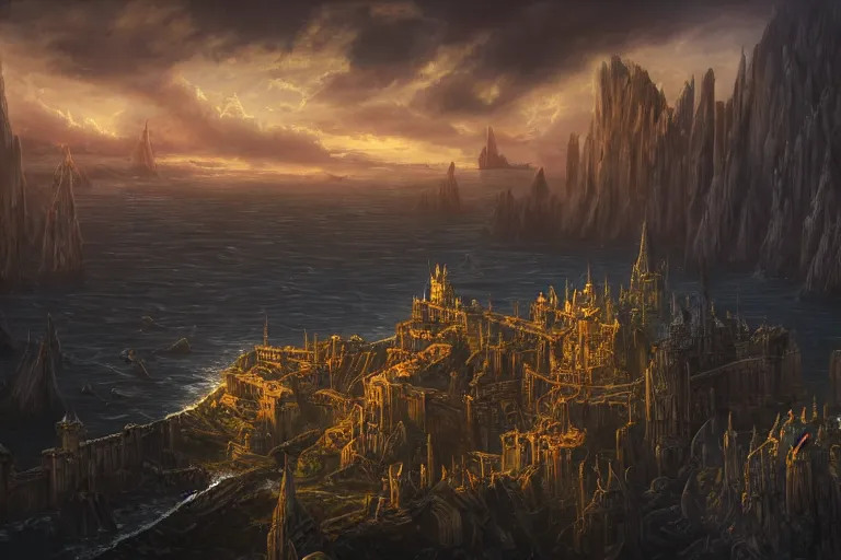 Image similar to high aerial shot, fantasy landscape, sunset lighting ominous shadows, cinematic fantasy painting, dungeons and dragons, a port city, harbor, bay, with an elvish fortress inspired by the syndey opera house by jessica rossier and brian froud and hr giger