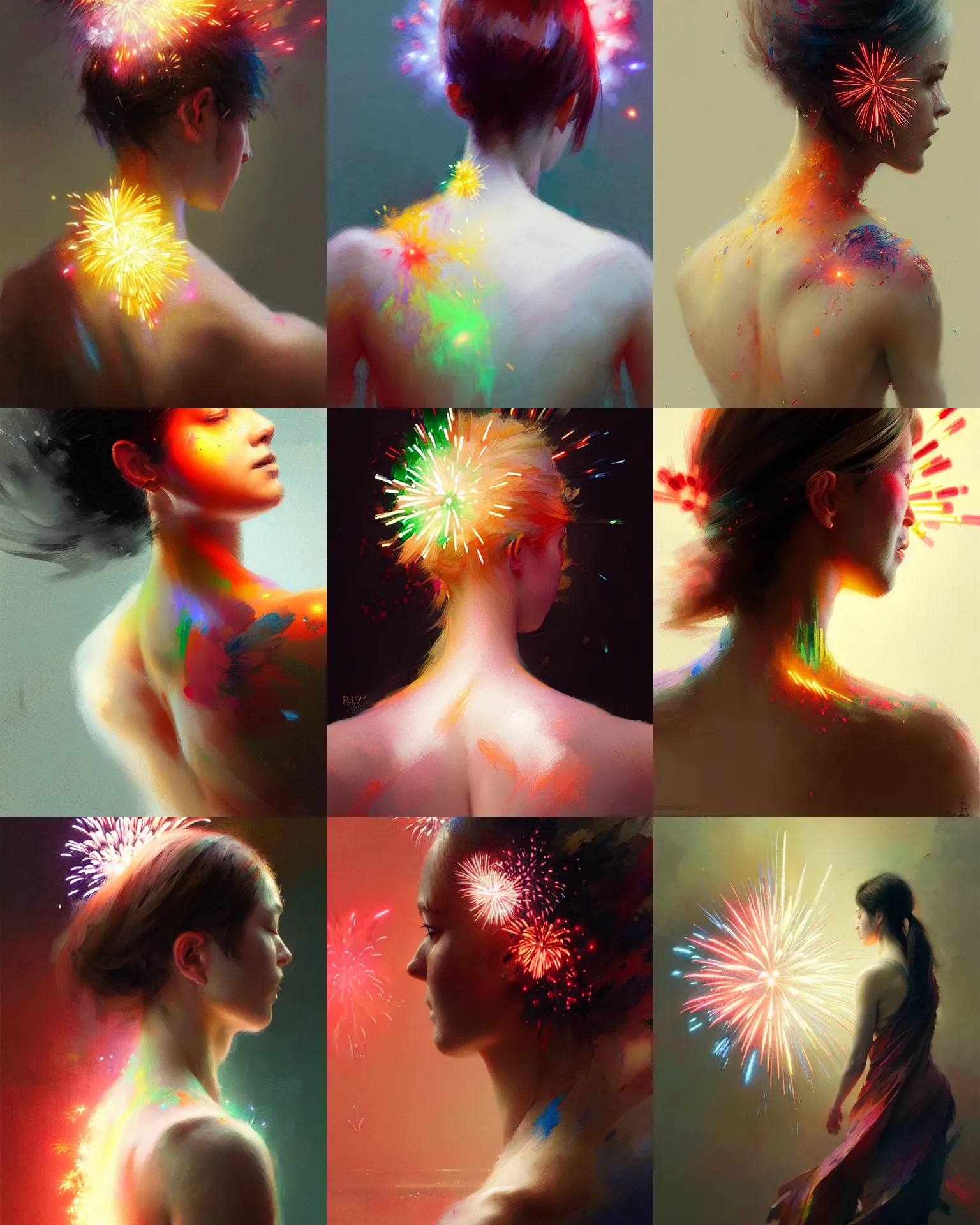 Prompt: back portrait female, multicolored fireworks, intricate, sharp focus, illustration, highly detailed, digital painting, concept art, matte, art by ruan jia and wlop and greg rutkowski, masterpiece