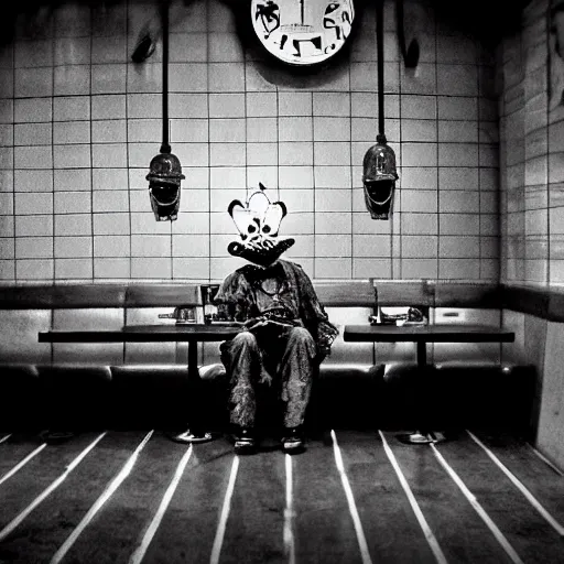 Prompt: Clown sitting in an empty diner at night, Gothic Art, color, award-winning art, horror, scary, eerie, ominous, unnerving, 8k