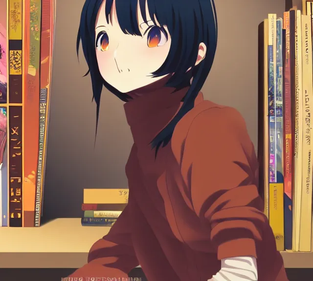 Image similar to anime visual, full body portrait of a young female traveler in a book shop interior, beautiful face by yoh yoshinari, katsura masakazu, dramatic lighting, dynamic pose, dynamic perspective, strong silhouette, anime cels, ilya kuvshinov, cel shaded, outlined edges, rounded eyes, moody, detailed character