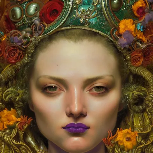Prompt: a baroque neoclassicist close - up renaissance portrait of a carnivale facemask made from flowers, reflective detailed textures, highly detailed fantasy science fiction painting by moebius, norman rockwell, frank frazetta, and syd mead and annie swynnerton. rich colors, high contrast. artstation