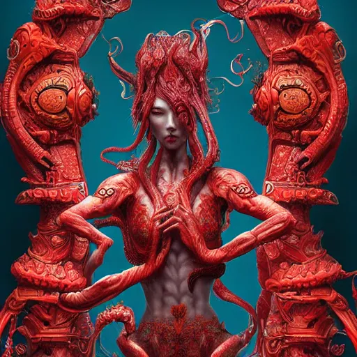 Image similar to The red female alien, intricated traditional Chinese textures, rococo decorations, hyper detail, Unreal engine,Octane render, by Karol Bak