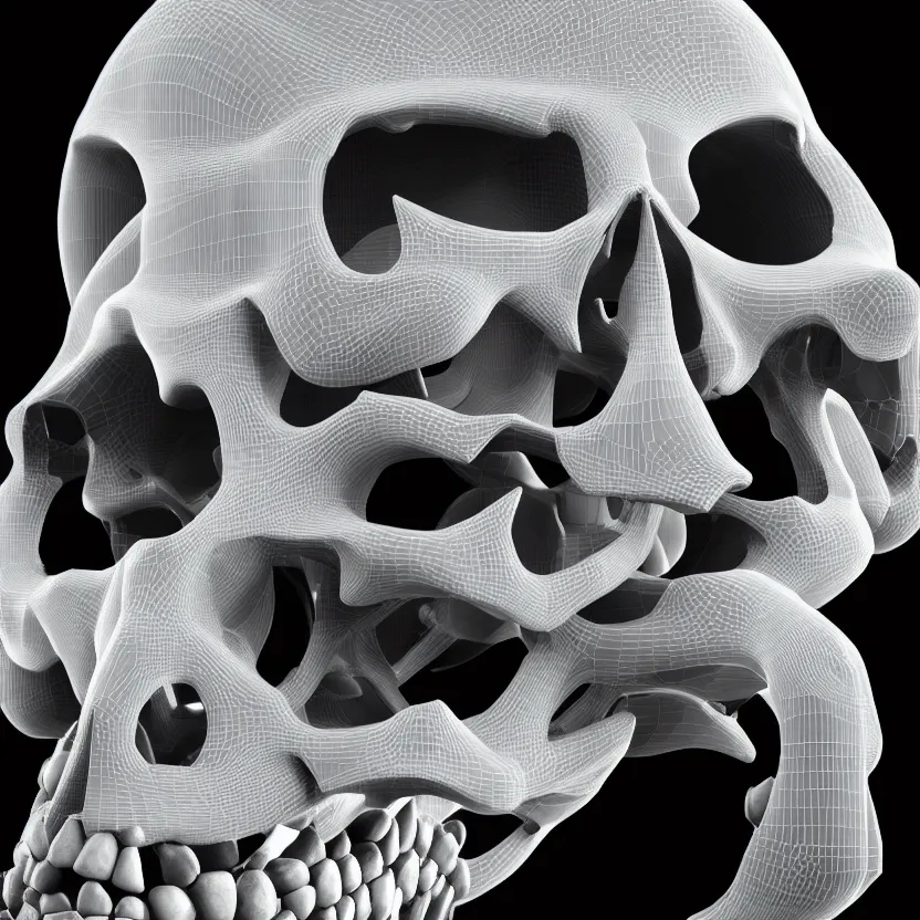Image similar to black and white light 3D geometry, large skull, matte bright highly detailed, poetic, 3D render, digital art, octane render, 8K artistic photography, photo-realistic, by Dora Maar
