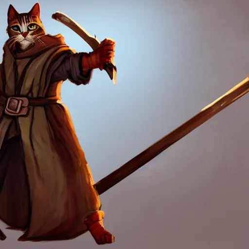 Prompt: dirty humanoid homeless cat wearing rags, wielding a broadsword, concept art, d & d, fantasy, trending on artstation