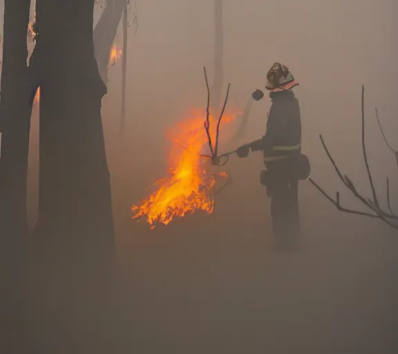 Prompt: stunning award winning photograph of a firefighter spraying water on a burning tree on a foggy night