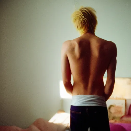 Image similar to kodak portra 4 0 0 photograph of a skinny blonde guy standing in cluttered 9 0 s bedroom, back view, moody lighting, telephoto, 9 0 s vibe, blurry background, vaporwave colors, golden ratio, faded!,