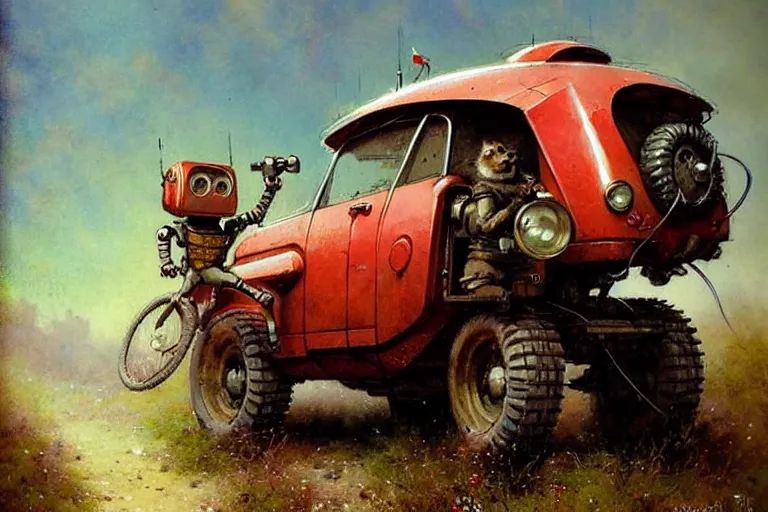 Prompt: adventurer ( ( ( ( ( 1 9 5 0 s retro future robot android mouse wagon rv offroad tracked. muted colors. ) ) ) ) ) by jean baptiste monge!!!!!!!!!!!!!!!!!!!!!!!!! chrome red