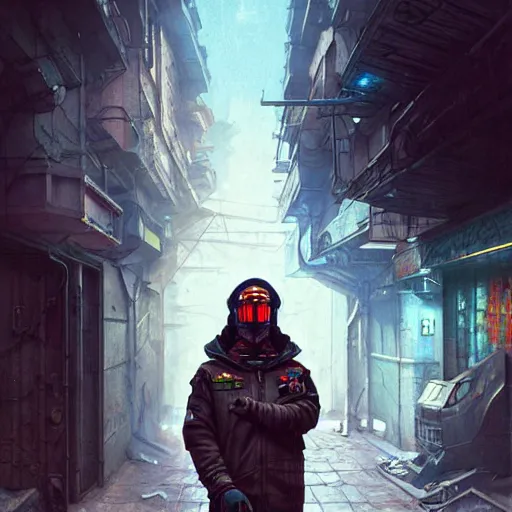 Image similar to A cyberpunk gopnik on the street of a Soviet slum on the moon, sci-fi, fantasy, intricate, very very beautiful, elegant, highly detailed, digital painting, artstation, concept art, smooth, sharp focus, illustration, art by artgerm and greg rutkowski and alphonse mucha