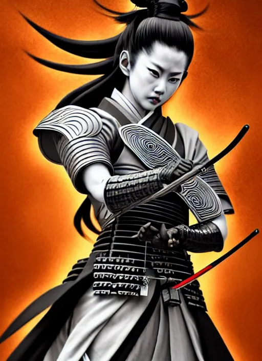 Image similar to beautiful samurai warrior woman only, manga style only, black white and gold colors only, symmetrical face and full body, demonic, cinematic, powerful, super detailed and intricate, hyper realistic, 4 k render, by artgerm, by kyoung hwan kim, by ralph mcquarrie, by yoshiyuki tomino