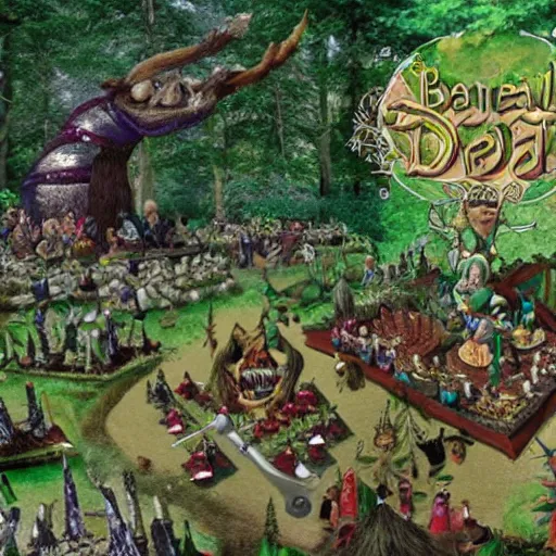 Image similar to a beatiful dwarven festival in 1994 in a fertile green park with surreal elven nature, a gnome rock band concert and dwarven BBQ