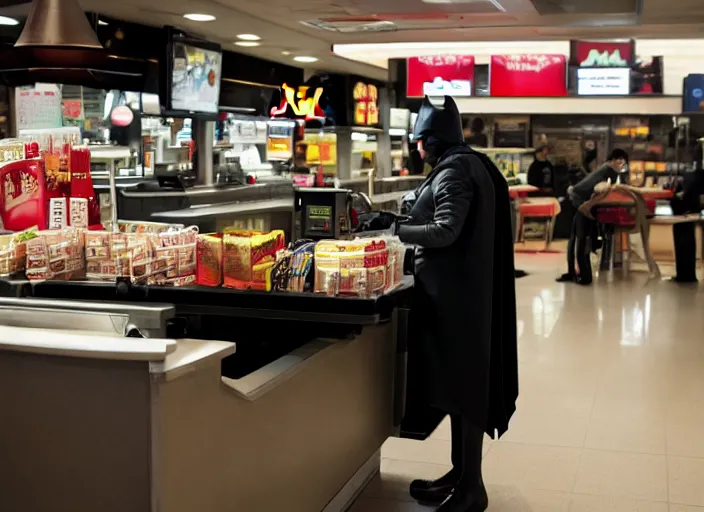 Image similar to film still of Batman working as a cashier at McDonalds in the new batman movie, 4k