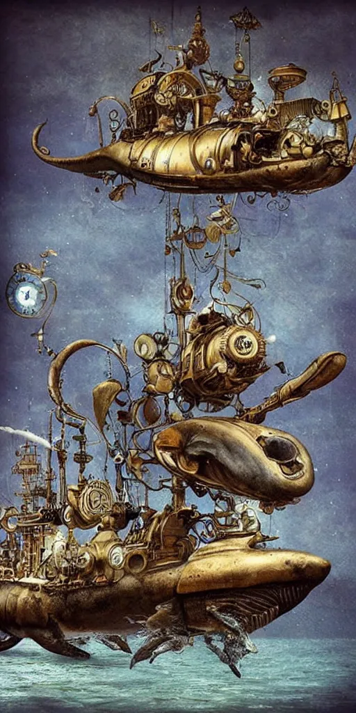 Image similar to a vintage steampunk living whale submarine by alexander jansson and leonardo da vinci