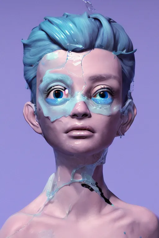 Image similar to an epic non - binary model, subject made of white cracked porcelain with cerulean oozing bubbles bursting out, delicate, beautiful, intricate, with pastel pink highlights, melting, houdini sidefx, by jeremy mann and ilya kuvshinov, jamie hewlett and ayami kojima, trending on artstation, bold 3 d