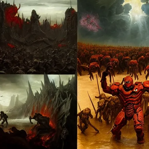 Image similar to doom eternal concept art by brueghel, mcu movie still frame of hell scene by jakub rozalski, garden of eternal delights hell by hieronymus bosh