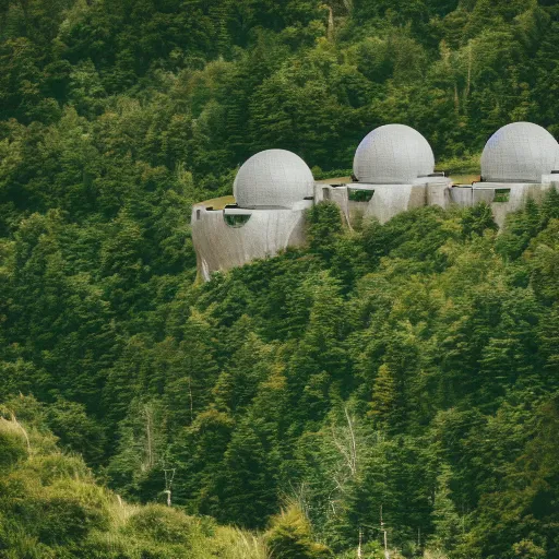 Prompt: sci fi round buildings in a steep sided valley with trees, a sense of hope and optimism, stark light, day time, unsplash, national geographic, hd, high res