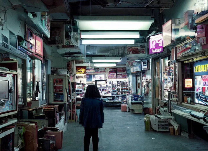 Image similar to cinematic shot of backlit windows of a narrow used electronics store where octavia spencer looks for an old synthesizer in the cramped messy aisles,, iconic scene from the paranoid thriller sci fi film directed by stanley kubrick, set in the near cyberpunk future, anamorphic cinematography, beautiful composition, color theory, leading lines, photorealistic, volumetric lighting