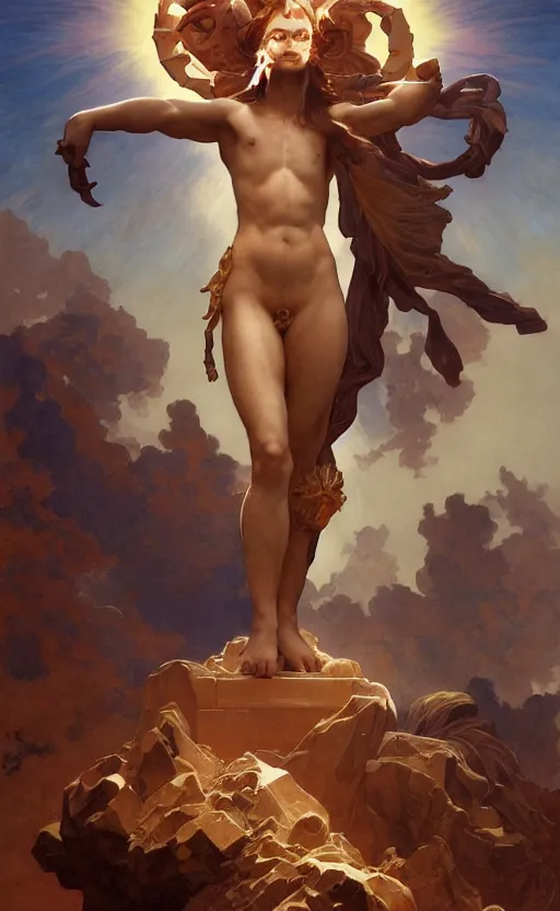 Prompt: illustration of the four armed statue of the goddess of the sun helios descending from olympus, artstation, concept art, smooth, sharp focus, illustration, art by artgerm and greg rutkowski and alphonse mucha and william adolphe bouguereau and john william waterhouse