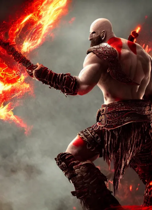 Image similar to red left eye paint stripe armored screaming kratos rocking out on a flaming stratocaster guitar, cinematic render, god of war 2 0 1 8, playstation studios official media, lightning, flames, clear, coherent