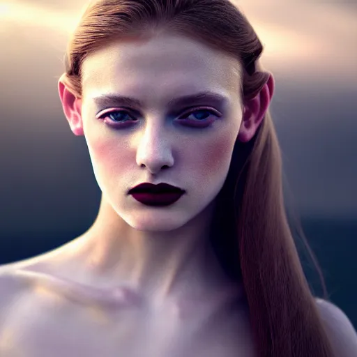 Prompt: photographic portrait of a stunningly beautiful renaissance female, white lips and dark eye shadow, in soft dreamy light at sunset, god rays, contemporary fashion shoot, by edward robert hughes, annie leibovitz and steve mccurry, david lazar, jimmy nelsson, breathtaking, 8 k resolution, extremely detailed, establishing shot, artistic, hyperrealistic, perfect face, octane render