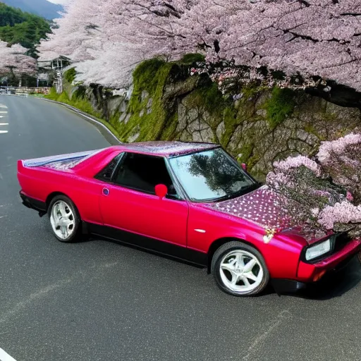 Image similar to photo of a dragon black polka dotted furred dragon driving a nissan hakosuka 2000 GTR down the cherry blossoming mt hakone