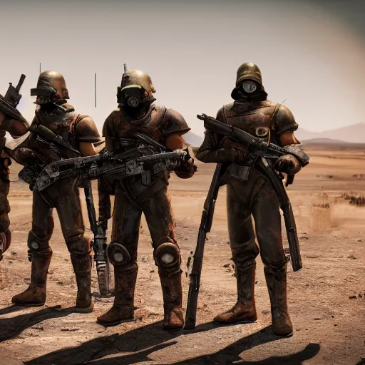 Prompt: cinematic shot of a group of fallout NCR soldiers holding rifles standing outside of a gas station in the desert, 8k, dslr, depth of field,