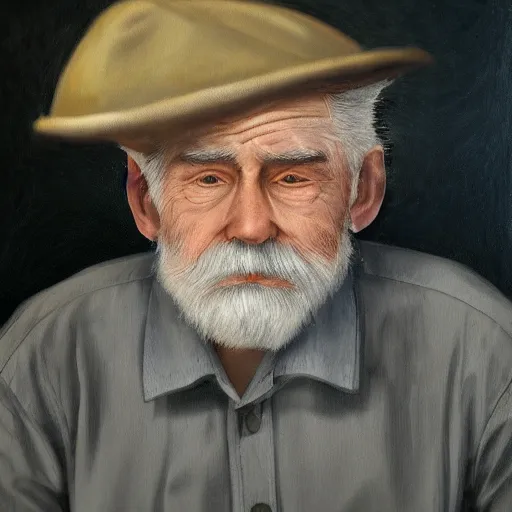 Image similar to realistic renderings of very old man portrait with a hat, astonishing scenes