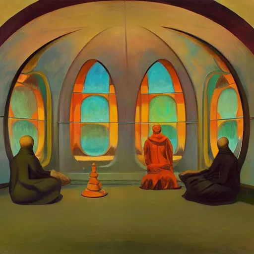 Image similar to three holy robotic seers watchers oracles soothsayers inside a dome, pj crook, grant wood, edward hopper, syd mead, oil on canvas