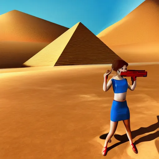 Prompt: Desert pyramid background, very cute modern short haired girl with water gun, game art