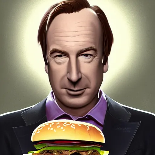 Image similar to portrait of Bob Odenkirk as Saul Goodman eating hamburgers, advertising billboard, extra onions and ketchup, luscious patty with sesame seeds, ethereal, holy sacred light rays, handsome, D&D, fantasy, intricate, elegant, highly detailed, digital painting, artstation, concept art, matte, sharp focus, illustration, art by Artgerm and Greg Rutkowski and Alphonse Mucha