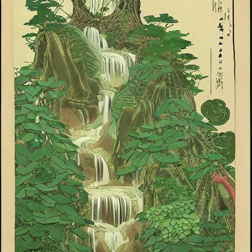Prompt: fantasy scientific botanical illustration of a green leafy plant that grows like a waterfall ,Ukiyo-e, isometric view, diego rivera