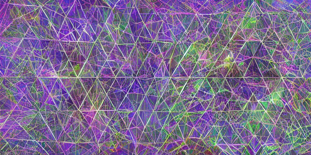 Prompt: an intricate triangle lattice prism structure microscopy, an album cover by wolfgang zelmer, zaha hadid, behance contest winner, crystal cubism, tesseract, holographic, psychedelic