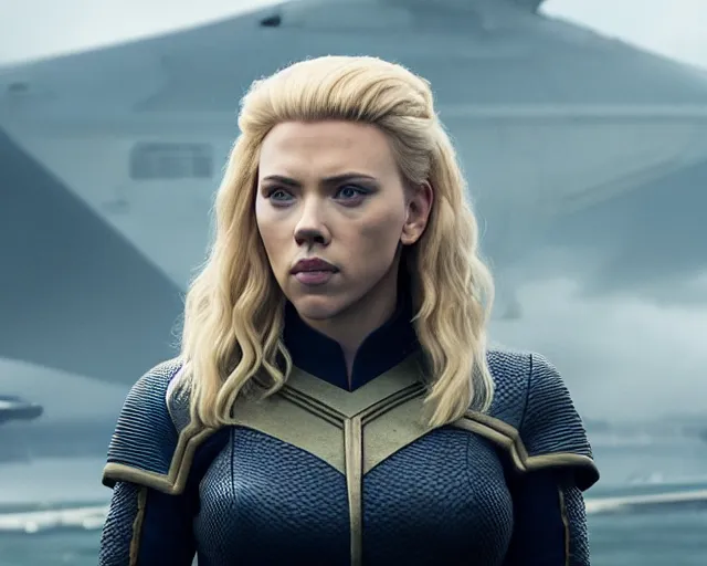 Image similar to scarlett johansson, in starfleet uniform, playing lagertha in a scene from the tv series vikings