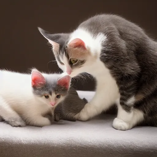 Prompt: calico cat grooming her newborn grey kitten