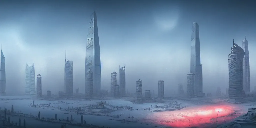 Image similar to nuclear winter, shanghai city, near future, fantasy, sci - fi, hyper realistic, serene, morning.