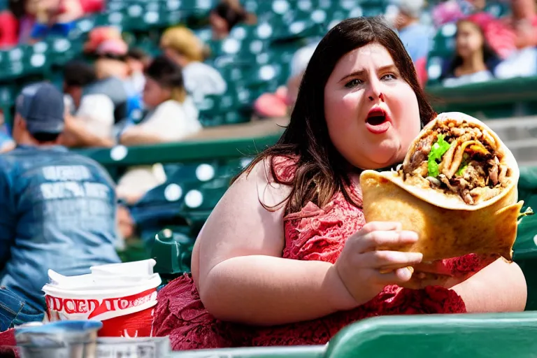 Image similar to obese woman eating a giant burrito sitting at a baseball game, photograph,