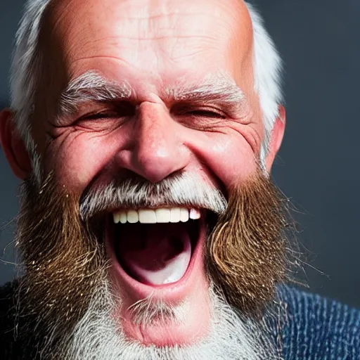 Image similar to photograph of an old man with very long beard laughing