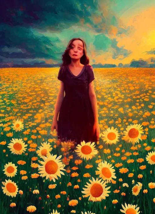 Image similar to girl face made of giant daisies, standing in a flower field, holding flowers, surreal photography, sunset dramatic light, impressionist painting, colorful clouds, large sky, digital painting, artstation, simon stalenhag