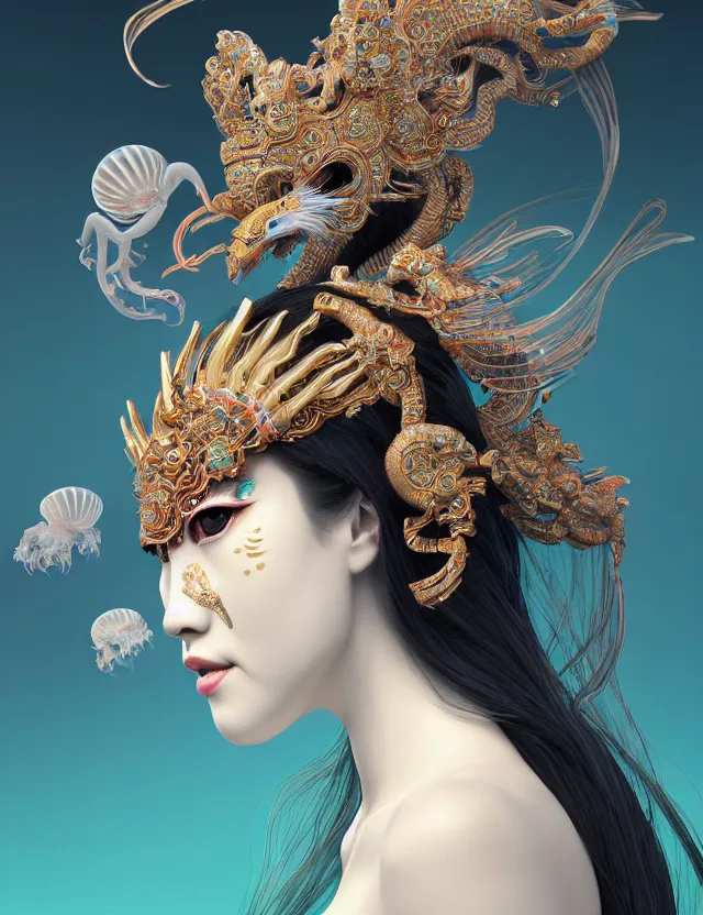 Image similar to 3 d goddess close - up profile portrait with crown, ram skull. beautiful intricately detailed japanese crow kitsune mask and clasical japanese kimono. betta fish, jellyfish phoenix, bio luminescent, plasma, ice, water, wind, creature, artwork by tooth wu and wlop and beeple and greg rutkowski